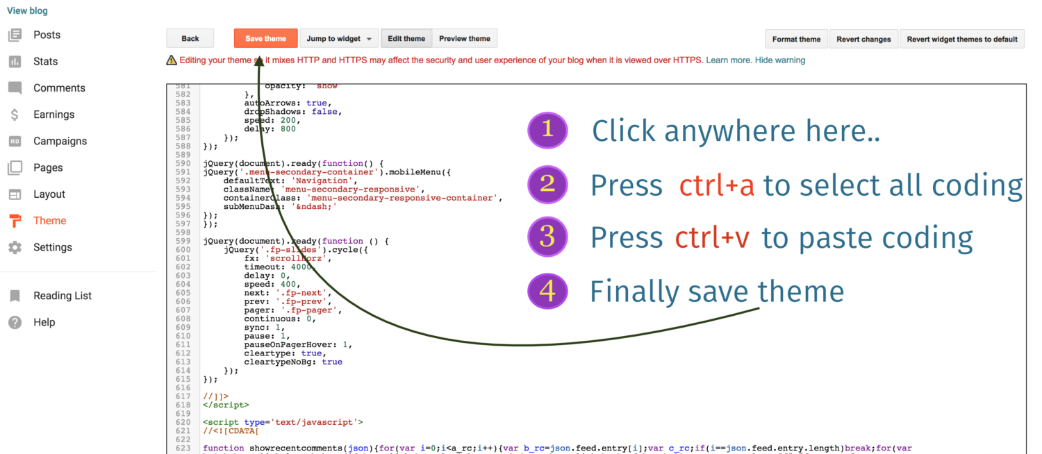 Dán mã vào trình chỉnh sửa HTML của blogger